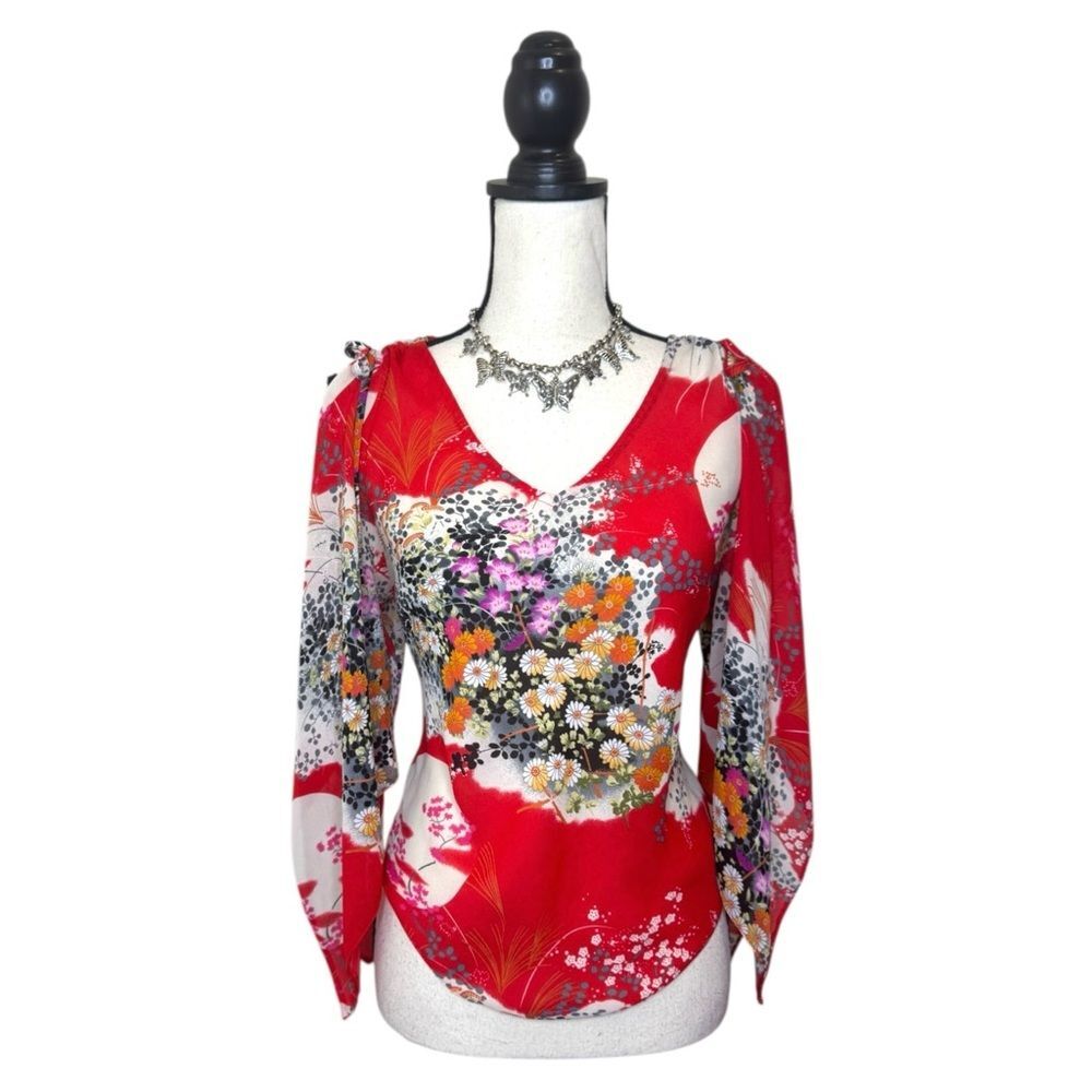 Y2K Crossroads Clothing Co Red Floral Flare / Open Sleeve Top Size 10